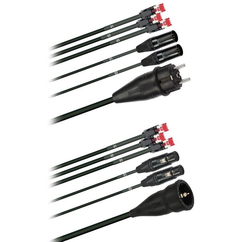 Hybridní kabel 3x Cat 5  + 2x DMX Digital-Audio + síť 3x 2,5mm2  5pól. XLR schuko  (2,0 - 60m)