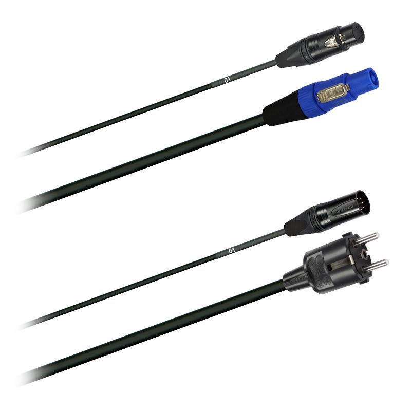 Hybridní kabel   1x DMX Digital-Audio + síť 3x 1,5mm2   PowerCON Schuko  5 pól. XLR (2,0 - 20m)