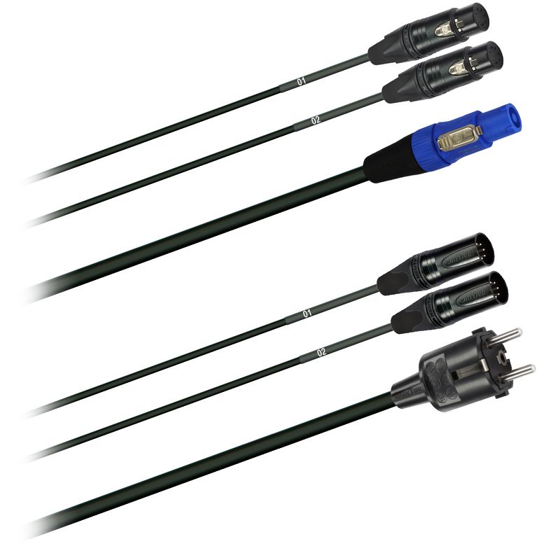 Hybridní kabel   2x DMX Digital-Audio + síť 3x 1,5mm2   PowerCON Schuko 5 pól. XLR (2,0 - 20m)