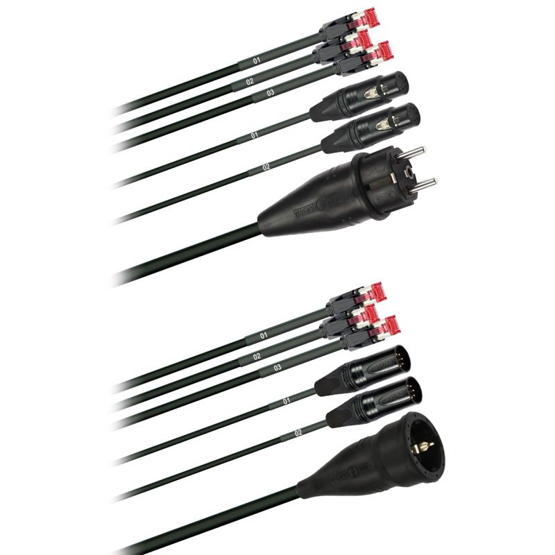 Hybridní kabel 3x Cat 5  + 2x DMX Digital-Audio + síť 3x 2,5mm2  5pól. XLR schuko  (2,0 - 60m)