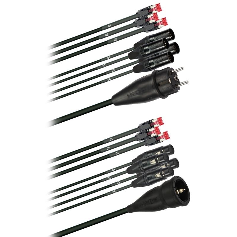 Hybridní kabel 3x Cat 5  + 4x DMX Digital-Audio + síť 3x 2,5mm2  5pól. XLR schuko  (2,0 - 60m)