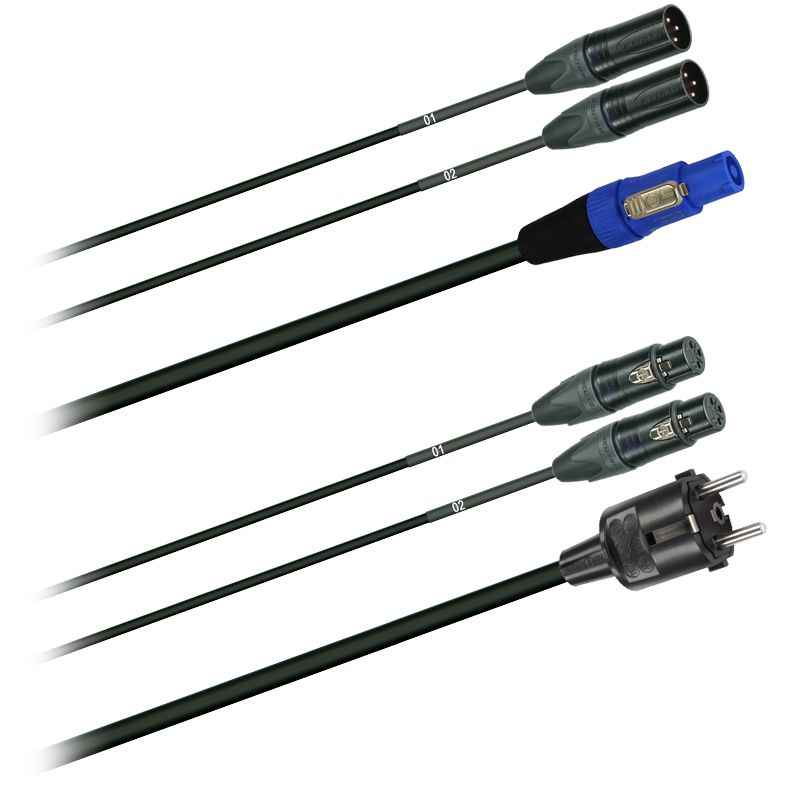 Hybridní kabel   2x DMX Digital-Audio + síť 3x 1,5mm2   PowerCON Schuko  (2,0 - 20m)