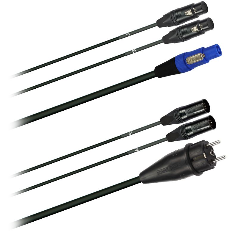 Hybridní kabel   2x DMX Digital-Audio + síť 3x 2,5mm2   PowerCON Schuko  5 pól. XLR (2,0 - 20m)