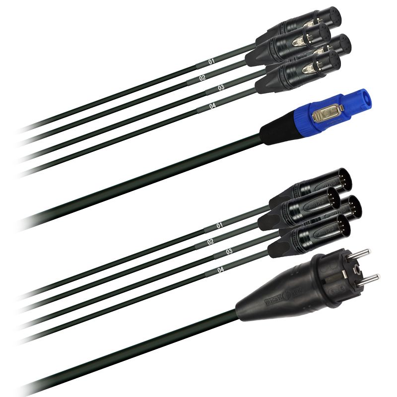 Hybridní kabel   4x DMX Digital-Audio + síť 3x 2,5mm2   PowerCON Schuko 5 pól. XLR (2,0 - 20m)